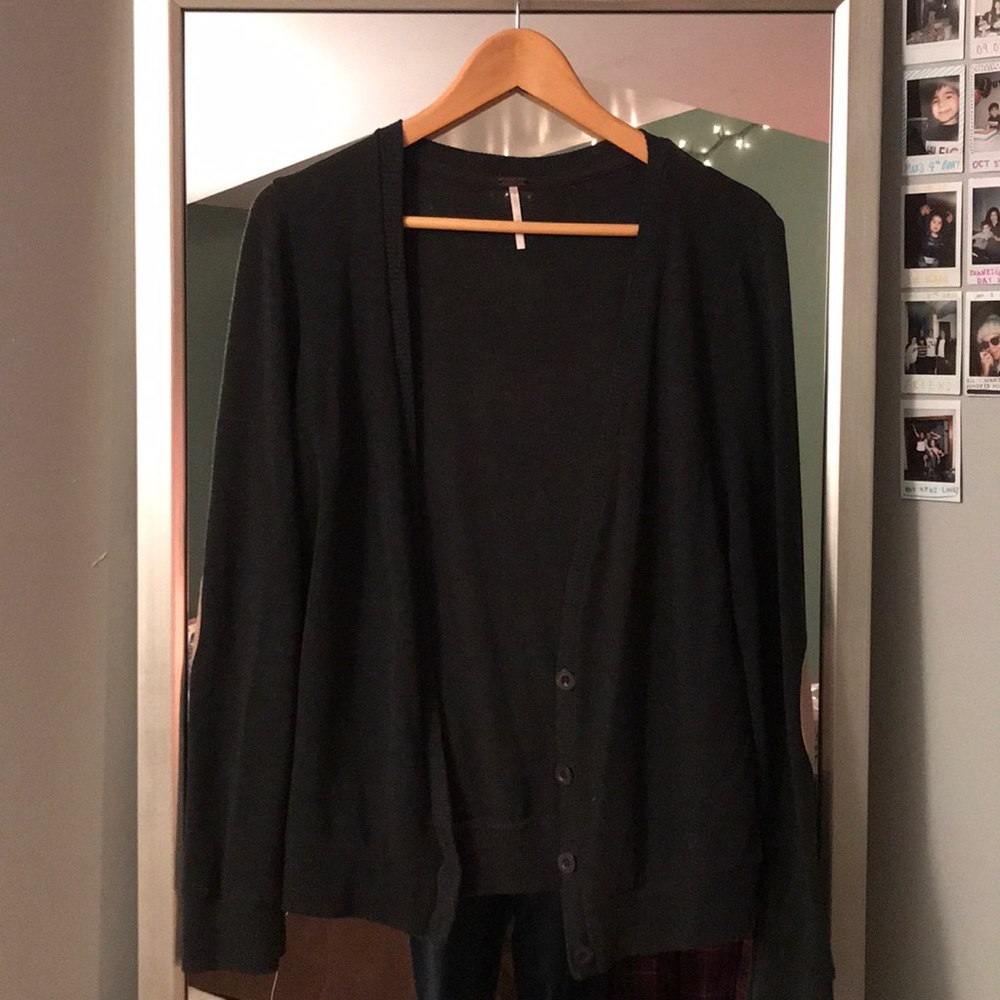 dark grey button down cardigan with elbow patches